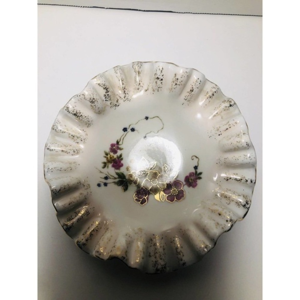 Vintage Candy Dish By Bond Ware L&M - Gold Trimmed Floral Ruffled Dish - Picture 7 of 10